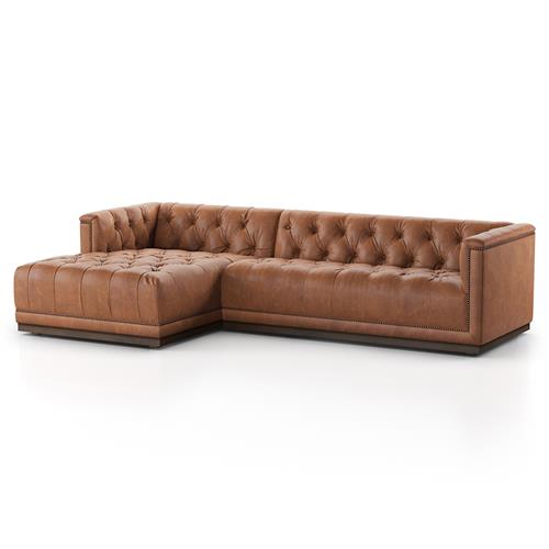 The Emmy Rustic Warm Brown Leather Sectional Left Arm Facing is a large piece featuring button tufting on both the backrest and seating. It includes a left-facing chaise and is displayed against a plain white background.