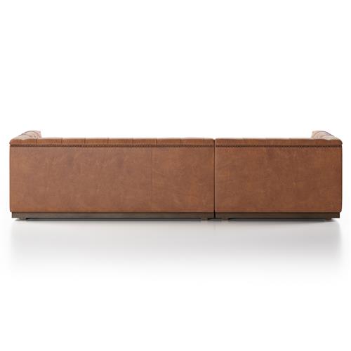 Rear view of the Emmy Rustic Warm Brown Leather Sectional Left Arm Facing against a plain white background. The sofa features a minimalist design with clean lines and is constructed from two sections joined together.