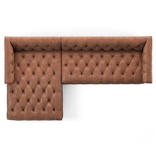 Top view of the Emmy Rustic Warm Brown Leather Sectional Left Arm Facing, an L-shaped sofa with a classic design. It features deep button detailing and plush cushioning, offering a luxurious and comfortable seating area.