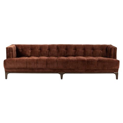 A long green mid-century velvet sofa with button tufting and a low brown wooden frame. The design is modern, featuring straight arms and a boxy shape, making it suitable for contemporary living rooms.