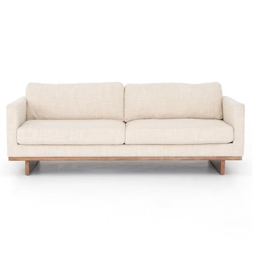 The Ethan Modern Classic Cream Performance Cushion Back Sofa is displayed with its minimalist design and wooden legs, featuring two large cushions for the backrest and two for the seats, all set against a white background.