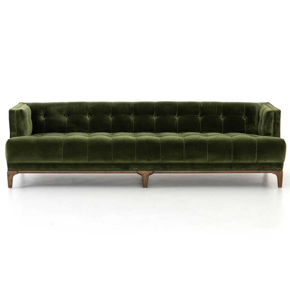 The Allen Mid Century Green Velvet Brown Wood Frame Button Tufted Sofa, showcasing a mid-century modern design, clean lines, and a comfortable plush appearance, is set against a plain white background.