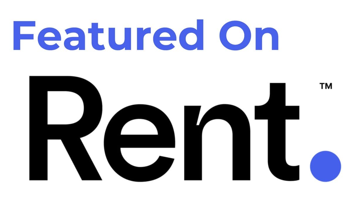 Text reads "Featured On Rent." in blue and black letters. The word "Rent" is written in the largest font size with a blue dot at the end of the word.