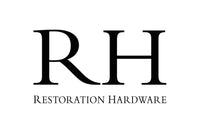 The image features a logo with the letters "RH" in large, bold, black font. Below the letters, the words "Restoration Hardware" are written in a smaller, elegant black font, aligned centrally. The background is plain white.