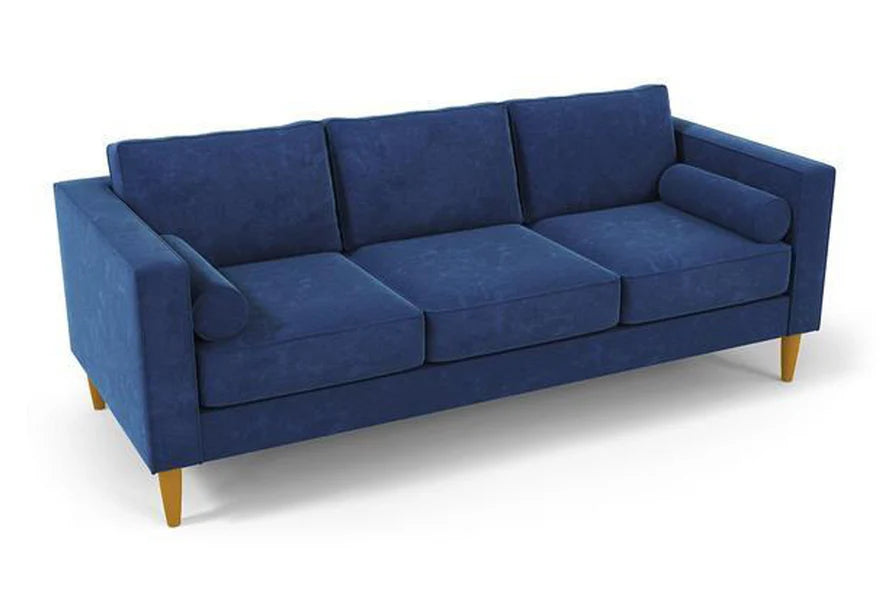 Introducing the Samson Sofa: a stylish blue three-seater featuring three comfortable seat cushions and matching back cushions. It is designed with sleek square armrests and comes with two cylindrical bolster pillows at each end, all supported by four sturdy wooden legs.