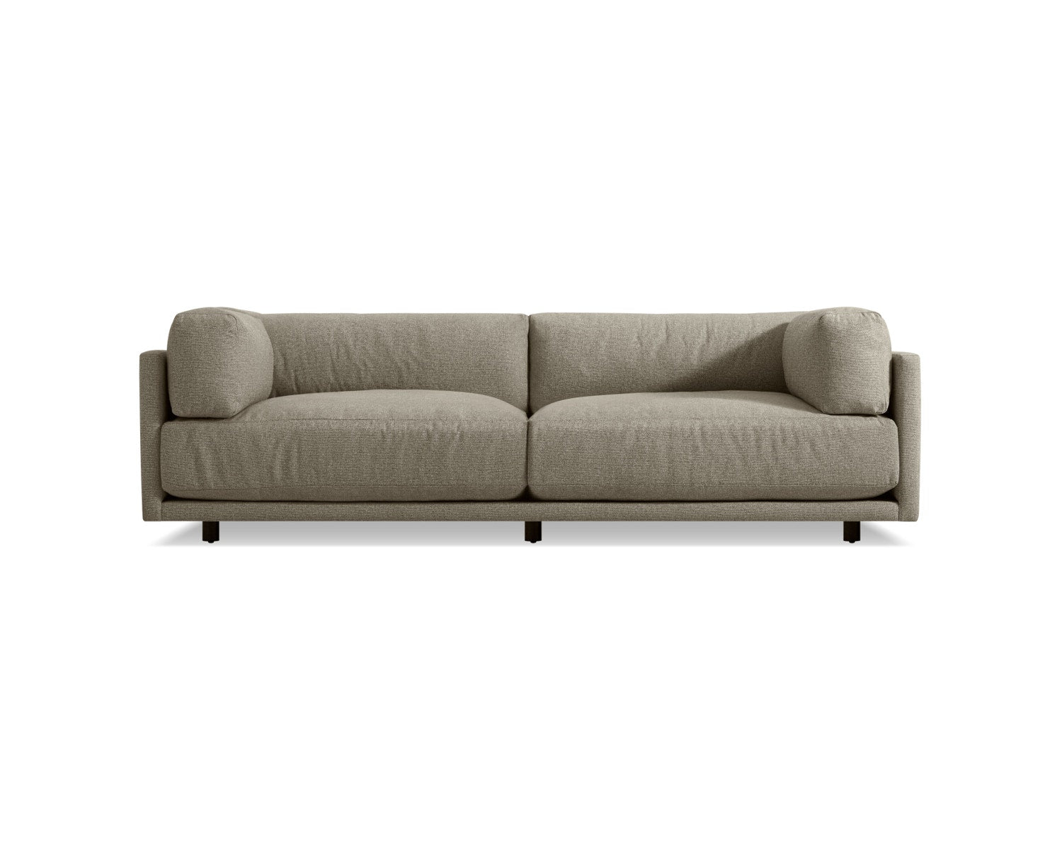 The Sunday 102-Inch Sofa is a modern piece in olive green, featuring two large seat cushions and two rounded back cushions set against a white background. Its design is sleek and minimalist, characterized by straight lines and dark legs for a contemporary appearance.