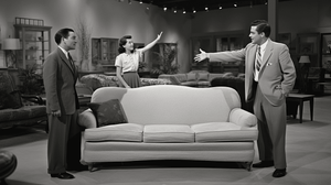 A black and white image shows three people interacting in a furniture showroom. A woman in the background is raising her hand, while two men in suits in the foreground are extending their right hands toward each other over a couch. Various furniture pieces are visible.