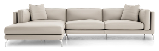 The Reade Sectional Sofa is a contemporary beige piece featuring sleek lines, metal legs, and three cushions. The chaise lounge extends to the left, offering a spacious seating arrangement.