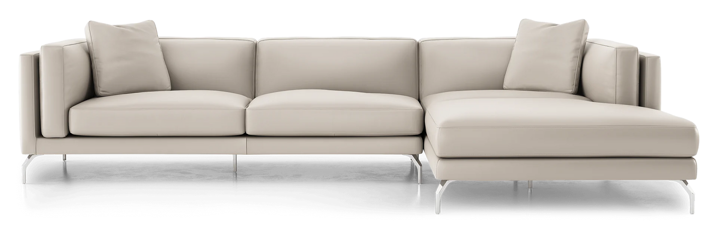 Introducing the Reade Sectional Sofa: a contemporary L-shaped beige sectional featuring three seat cushions, two back cushions, sleek metal legs, and a right-side chaise lounge.