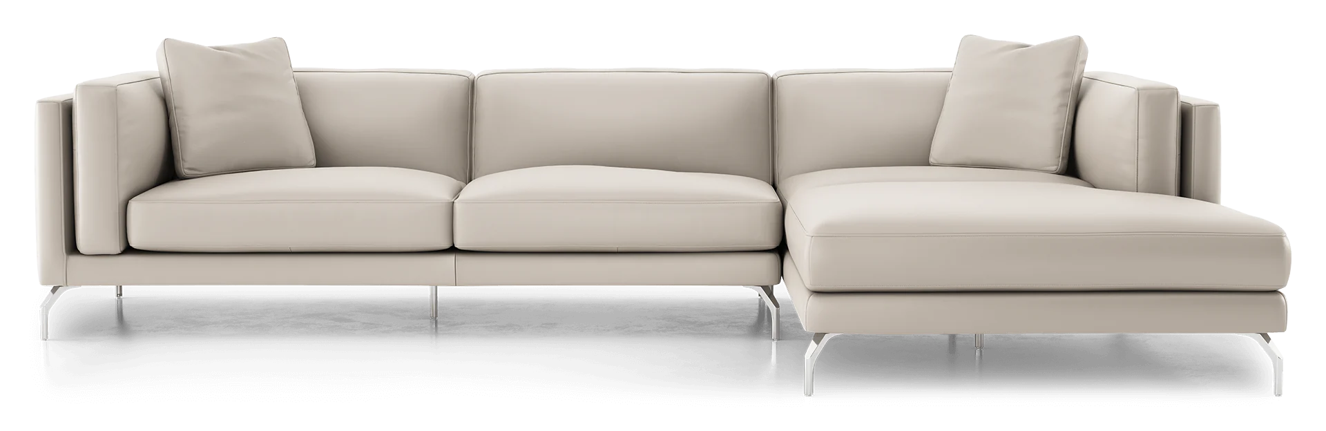 Introducing the Reade Sectional Sofa: a contemporary L-shaped beige sectional featuring three seat cushions, two back cushions, sleek metal legs, and a right-side chaise lounge.