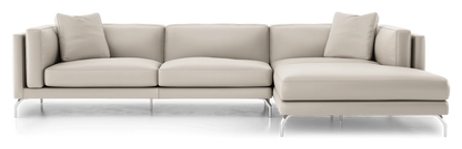 Introducing the Reade Sectional Sofa: a contemporary L-shaped beige sectional featuring three seat cushions, two back cushions, sleek metal legs, and a right-side chaise lounge.