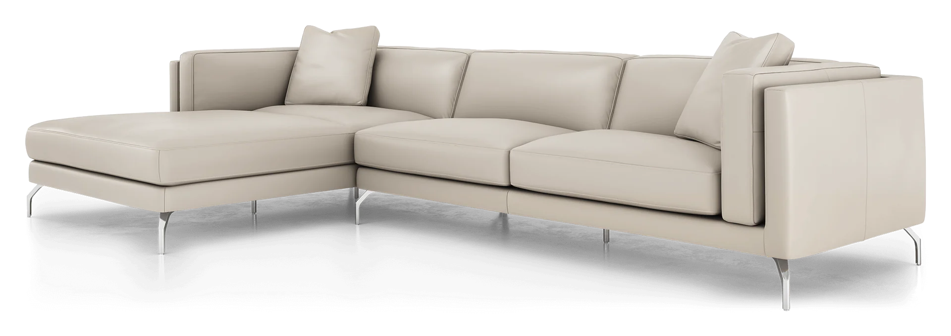 Introducing the Reade Sectional Sofa: a modern beige L-shaped sectional featuring sleek metal legs and plush cushions. Accentuated by two square throw pillows at the corners, it embodies a contemporary design.