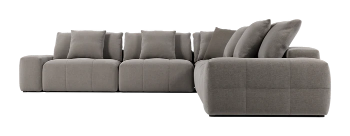 Introducing the Fullerton Modular Sofa 04: a contemporary gray sectional with six large cushions, showcasing tufted upholstery and a spacious, comfortable design. This L-shaped sofa is perfect for a modern living room setting.