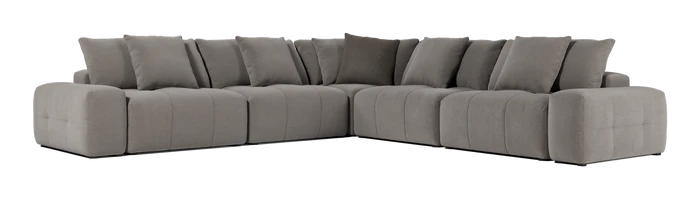 The Fullerton Modular Sofa 04 is a large, gray sectional sofa that offers plush cushions. It is configured in an L-shape and showcases a modern, minimalistic design with deep seating and broad armrests.