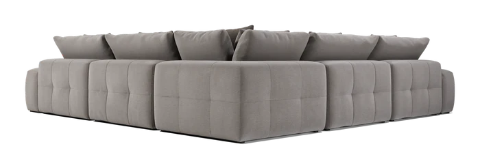 Introducing the Fullerton Modular Sofa 04: a spacious, plush sofa in light gray with a quilted design. This contemporary L-shaped sectional features deep seating and multiple cushions for ultimate comfort.