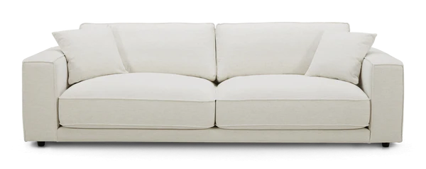 Introducing the Elmore Sofa: a contemporary, cream-colored piece featuring two spacious seat cushions and dual back cushions. Its sleek, straight lines complement a minimalist aesthetic, beautifully showcased against a plain white backdrop.