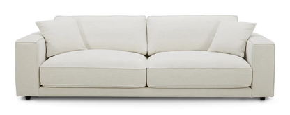 Introducing the Elmore Sofa: a contemporary, cream-colored piece featuring two spacious seat cushions and dual back cushions. Its sleek, straight lines complement a minimalist aesthetic, beautifully showcased against a plain white backdrop.