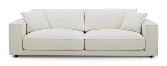 Introducing the Elmore Sofa: a contemporary, cream-colored piece featuring two spacious seat cushions and dual back cushions. Its sleek, straight lines complement a minimalist aesthetic, beautifully showcased against a plain white backdrop.