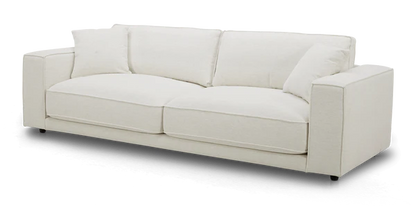 Experience the Elmore Sofa, a modern white piece featuring two large cushions and a minimalist design, beautifully showcased against a plain background.