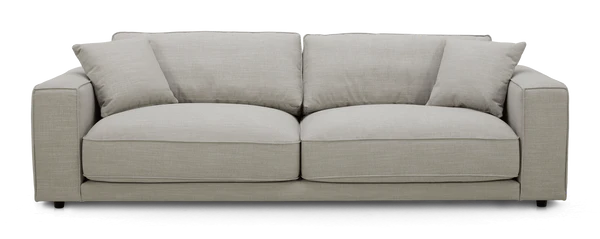 The Elmore Sofa boasts a sleek, minimalist design with a modern look in light gray. It includes two large seat cushions and two back cushions, complemented by wide armrests for enhanced comfort, making it an ideal choice for contemporary living spaces.