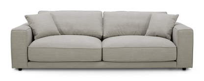 The Elmore Sofa boasts a sleek, minimalist design with a modern look in light gray. It includes two large seat cushions and two back cushions, complemented by wide armrests for enhanced comfort, making it an ideal choice for contemporary living spaces.