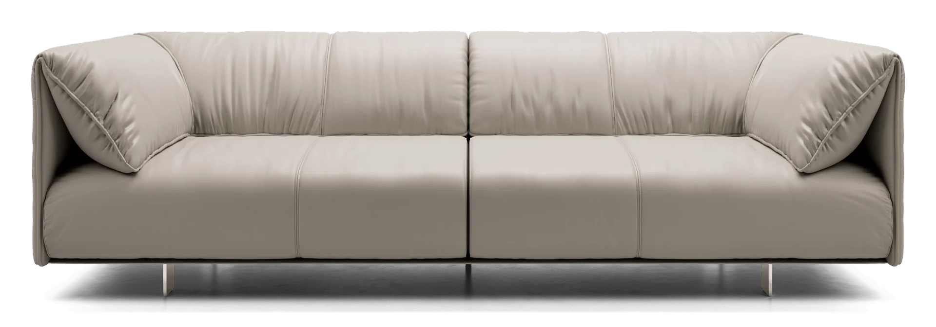 The Essex Sofa is a modern, minimalist piece featuring beige leather upholstery with smooth cushions and sleek, low-profile metal legs, elegantly displayed against a plain black background.