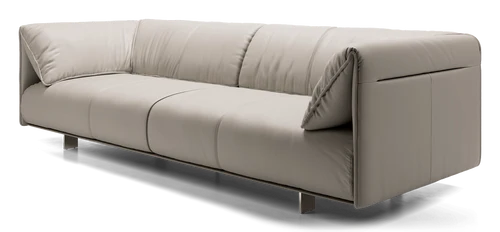 Introducing the Essex Sofa: a minimalist piece in light beige leather, boasting a sleek, modern design with thin metallic legs. It features three cushions and a low backrest for a comfortable seating experience.