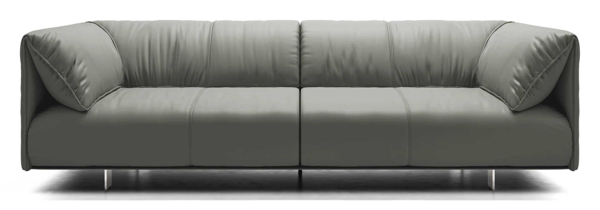 Introducing the Essex Sofa: a modern, gray leather piece showcasing a clean, minimalistic design with plush cushions and metal legs—an ideal addition to any contemporary living space.