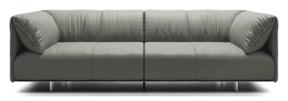 Introducing the Essex Sofa: a modern, gray leather piece showcasing a clean, minimalistic design with plush cushions and metal legs—an ideal addition to any contemporary living space.