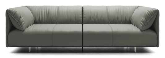 Introducing the Essex Sofa: a modern, gray leather piece showcasing a clean, minimalistic design with plush cushions and metal legs—an ideal addition to any contemporary living space.