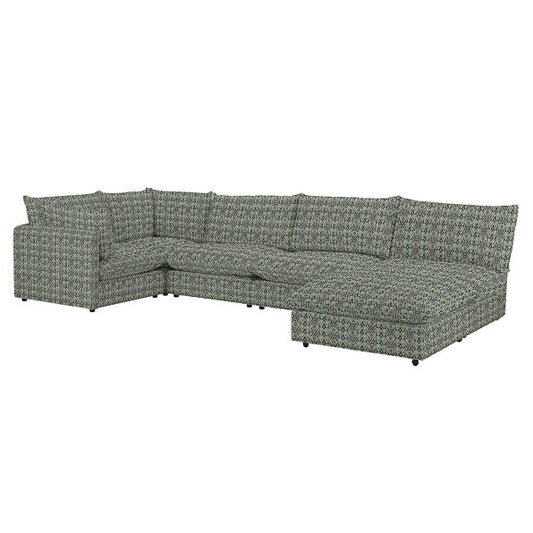 The Keaton 6 Piece Modular U Shaped Sectional is a spacious sectional sofa with a textured green and black fabric. Designed with a left arm-facing side and an extended chaise on the right, it offers ample seating space and comfort.