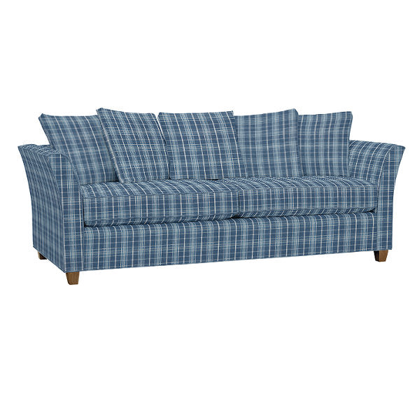 A Tate Queen Sleeper in blue plaid, featuring four matching cushions and wooden legs.