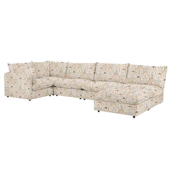 The Keaton 6 Piece Modular U-Shaped Sectional offers a spacious seating arrangement with its light-colored, paisley-patterned fabric. Its design includes multiple cushions that provide excellent seating and back support, along with a chaise extension for enhanced comfort.