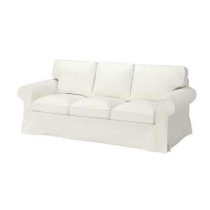 The UPPLAND Sofa is a white, three-seater with rolled arms and removable cushions, featuring a loose cover for a casual, relaxed appearance.