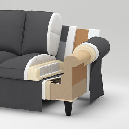 Cutaway diagram of the UPPLAND Sofa in dark gray, showcasing its internal structure. Visible components include cushions, springs, layers of foam, and wooden framing. The armrest and back are sectioned to reveal the interior design and construction details.