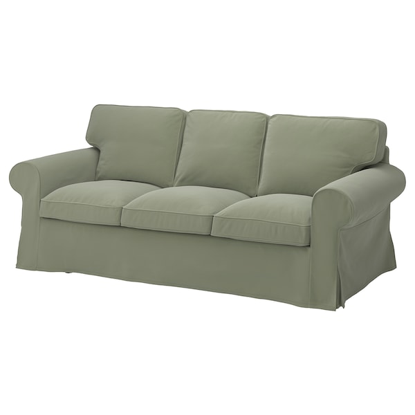 Introducing the UPPLAND Sofa: a classic and comfortable green, three-seater sofa perfect for living room settings. It features rolled arms, three back cushions, smooth fabric upholstery, and a skirted base.