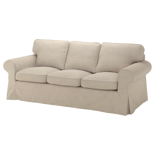 UPPLAND Sofa: A beige, three-seater sofa with a cushioned back and seat, featuring rolled arms and a skirted bottom.