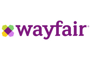 The image shows the Wayfair logo. The word "wayfair" is written in bold, purple lowercase letters, with a colorful geometric icon consisting of overlapping diamond shapes in green, yellow, purple, and pink to the left of the text.
