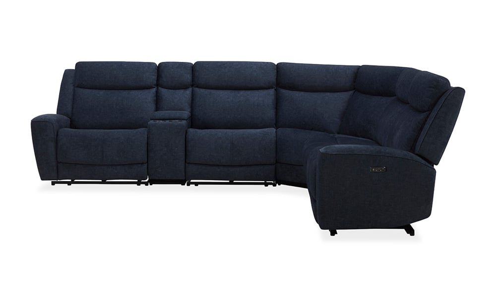 Introducing the Palmeri Denim Power 6-Piece Sectional, a sleek and comfortable dark blue fabric sofa with a modern design. This sectional features a central console equipped with cup holders and offers a reclining feature on both end seats, making it an ideal addition to any contemporary living room.