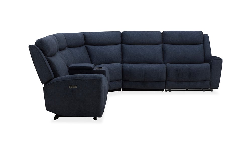 The Palmeri Denim Power 6-Piece Sectional is a dark blue, L-shaped sofa with recliners at each end and a central console that includes cup holders and storage space. The upholstery looks plush and comfortable, making it ideal for a modern living room.