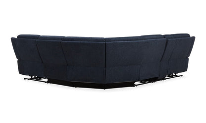 Back view of the Palmeri Denim Power 6-Piece Sectional, featuring reclining seats. The sectional is arranged in an L-shape, highlighting its plush upholstery and modern design.