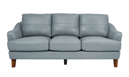 The Palmer Ice Leather Sofa is a stylish and modern three-seater with light gray leather upholstery and wooden legs. It features smooth, cushioned seating and a contemporary design, adding elegance to any living space.