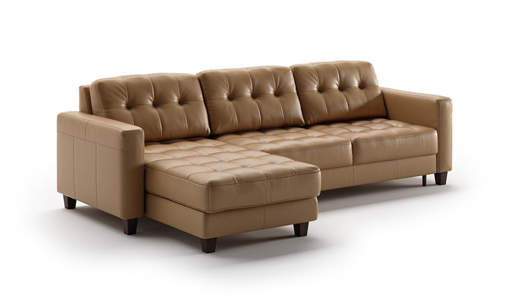 The Luonto Noah Brown Leather Full XL Reversible Sleeper Chaise features tufted cushions and dark wooden legs, offering a brown leather sectional sofa design with a chaise lounge on the left side for a spacious and comfortable seating arrangement.