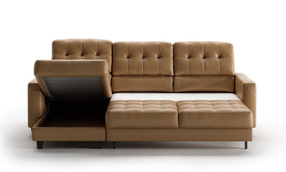 The Luonto Noah Brown Leather Full XL Reversible Sleeper Chaise showcases a modern design with tufted detailing and includes a built-in storage compartment under the left seat, shown open. It features three back cushions for added comfort.