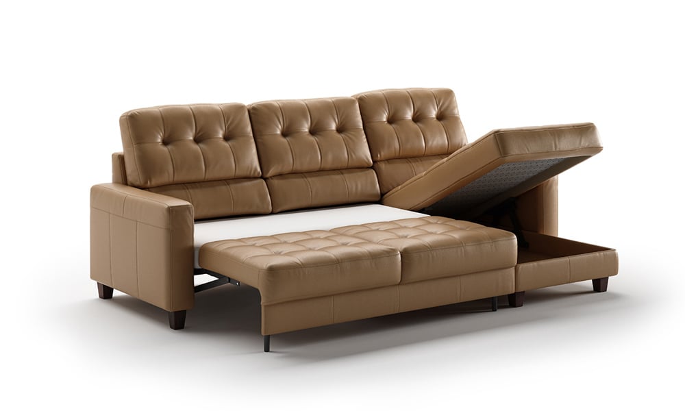 Introducing the Luonto Noah Brown Leather Full XL Reversible Sleeper Chaise, featuring tufted cushions, a convenient pull-out sleeper section, and an open storage compartment. This design beautifully combines functionality and comfort for a modern living space.