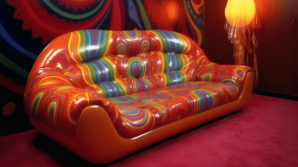 Crazy multi-colored and multi-textured couch being used to describe some of the wacky terms to describe couches in the industry
