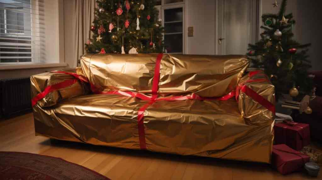 A couch in wrapping paper during Christmas