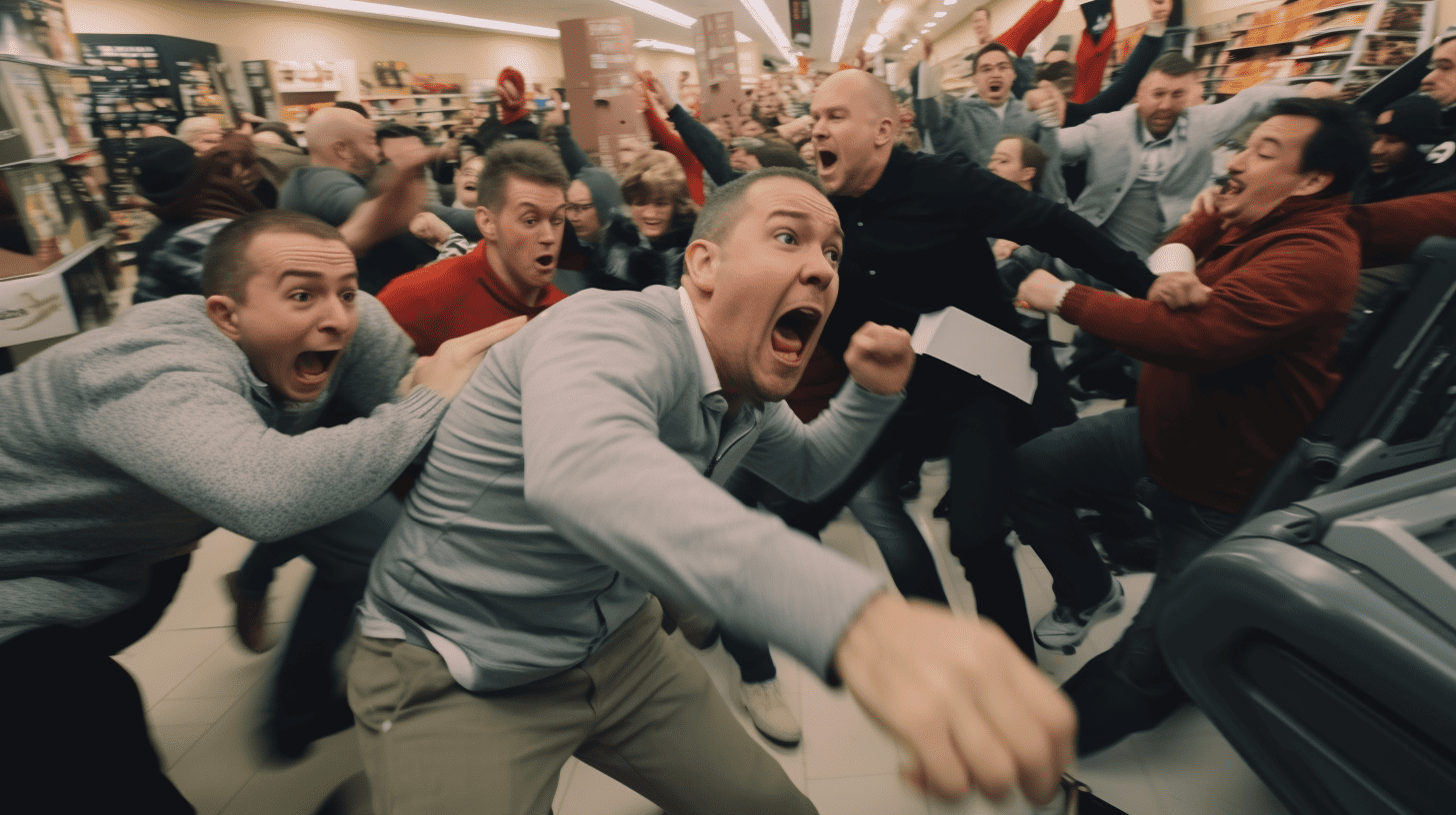 A black Friday mob of people rushing a store to grab furniture doorbusters