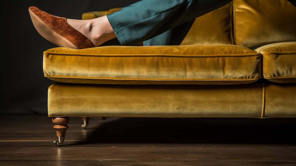 yellow Couch leg and woman's leg