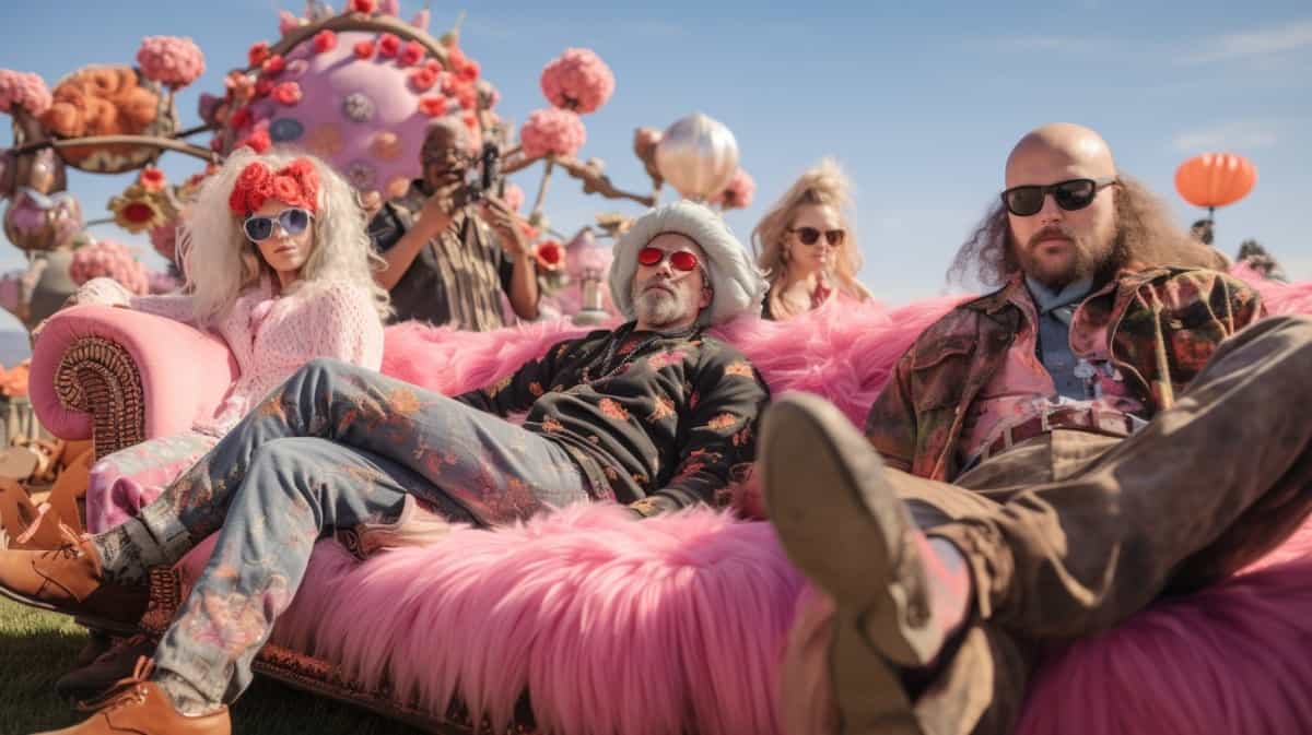 Hippies on a pink furry couch at coachella